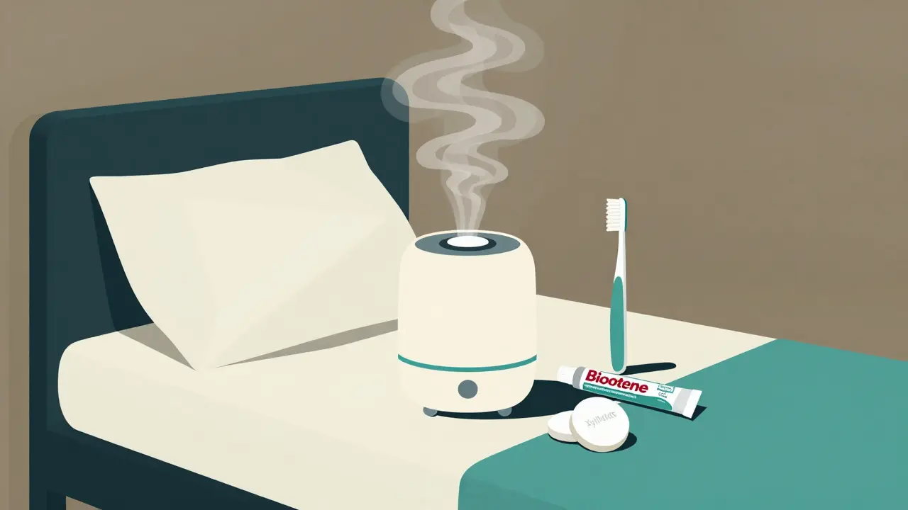 Nighttime dry mouth routine with humidifier, toothbrush, and gel tube in minimalist Bauhaus style.