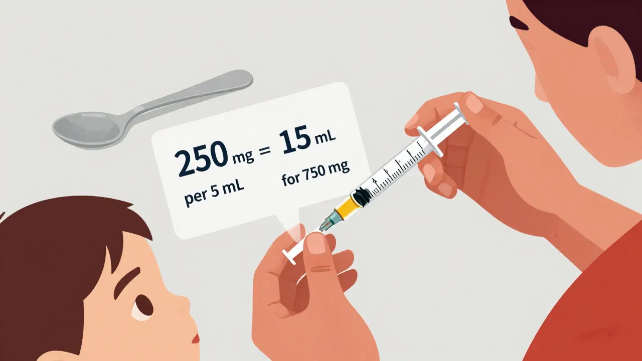 Parent using a syringe to give child liquid medicine, discarded kitchen spoon nearby, calculation visible.