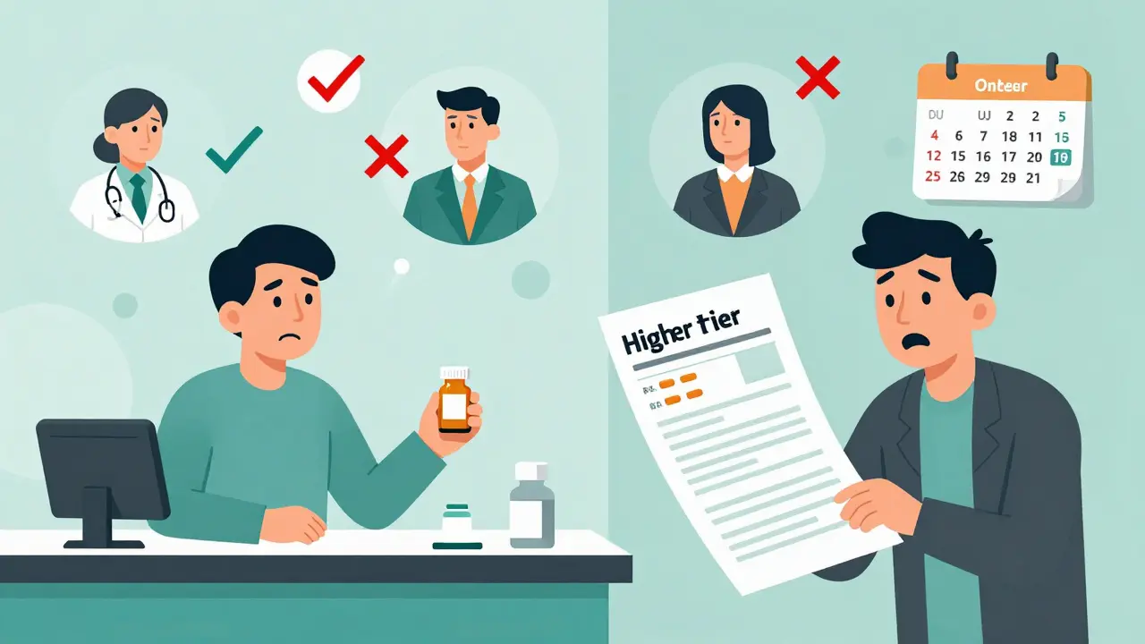 Patient at pharmacy receiving two different prices for the same drug, with committee icons voting on coverage changes.