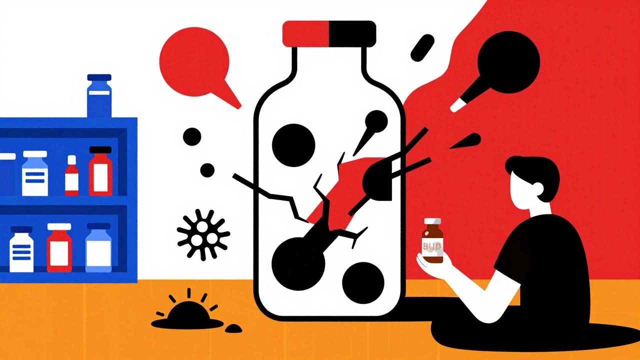 Patient holding a medication bottle as abstract danger symbols emerge from a cracked vial.