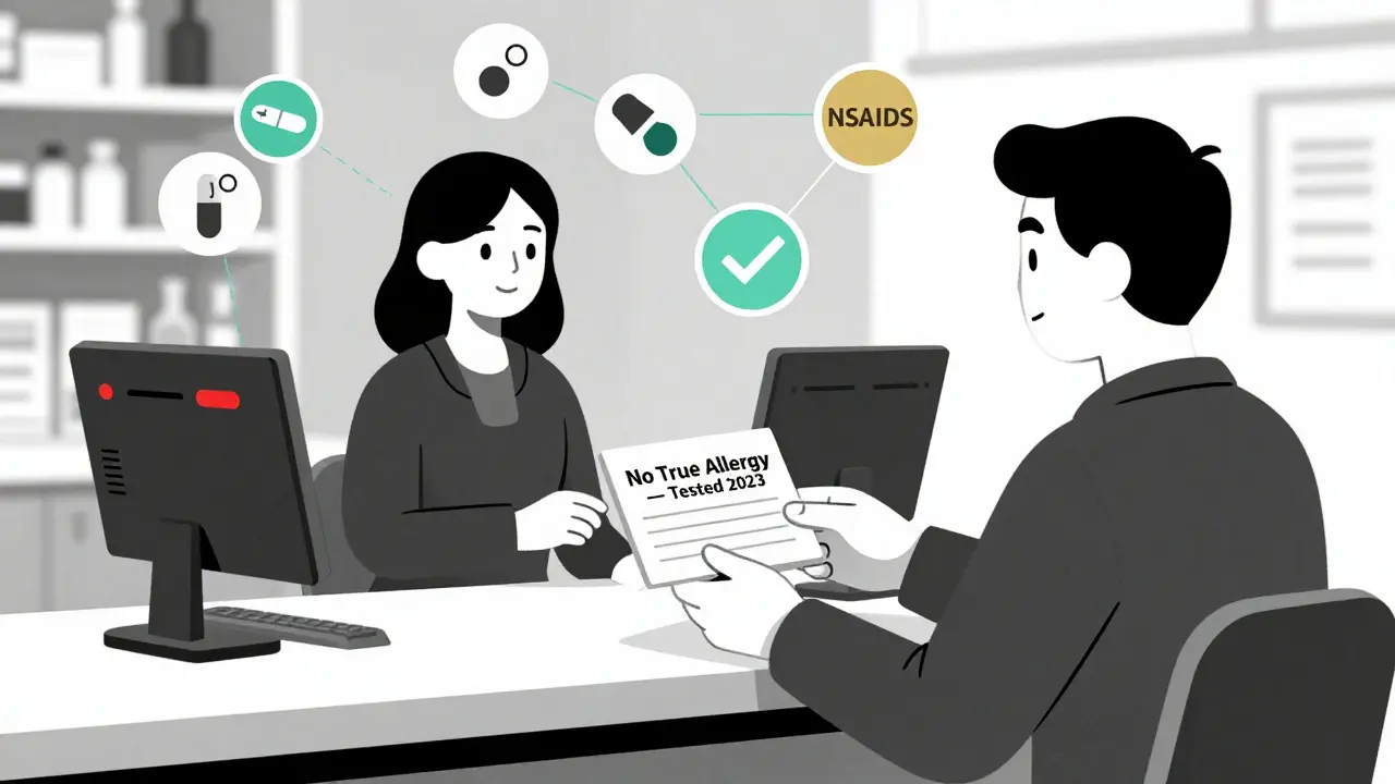 Patient presenting a corrected allergy card as digital warnings turn green in a modern pharmacy