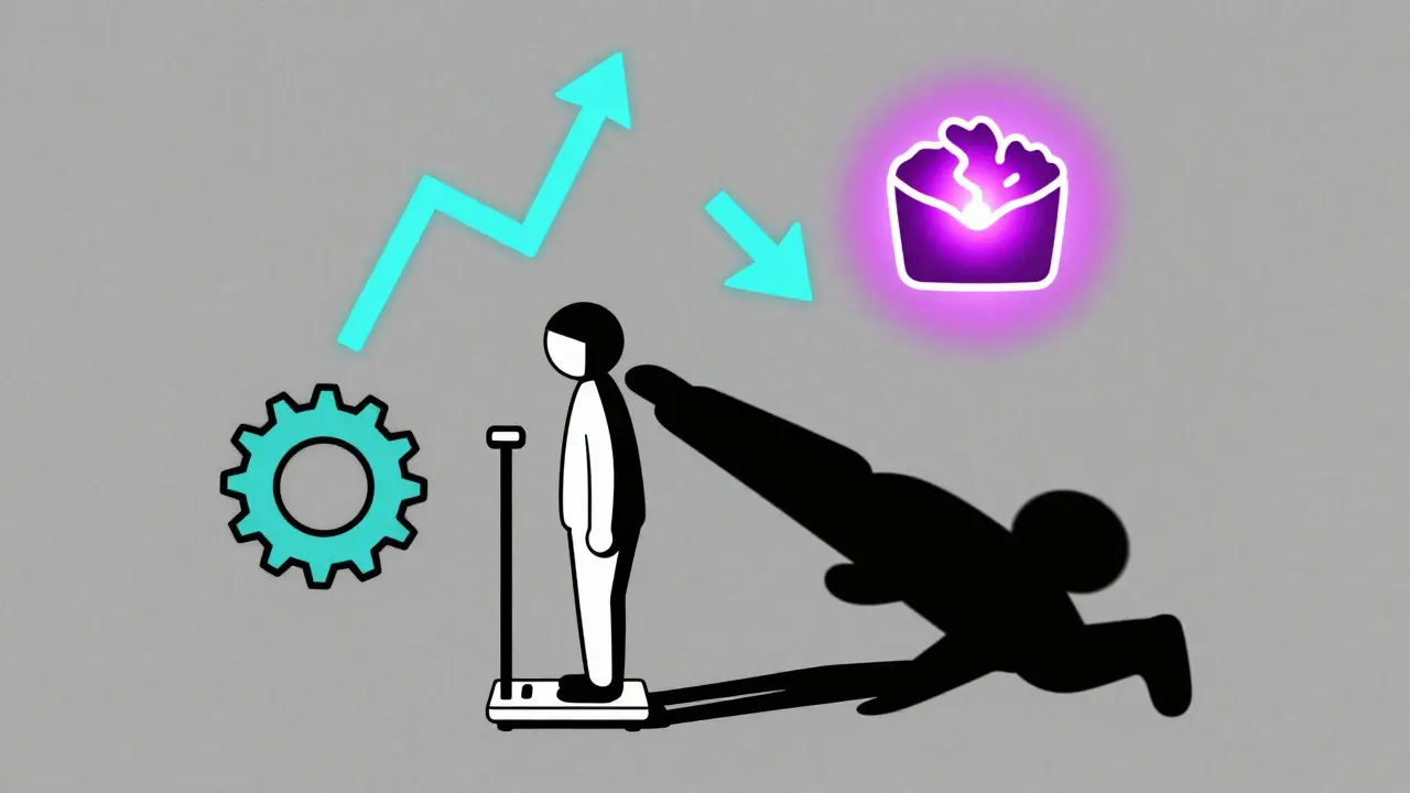 Person at scale surrounded by symbols of hormonal imbalance and food reward circuits.