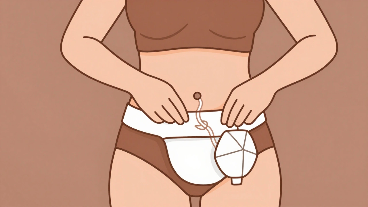 Person confidently wearing a discreet ostomy bag under modern clothing, symbolizing freedom and normal life.