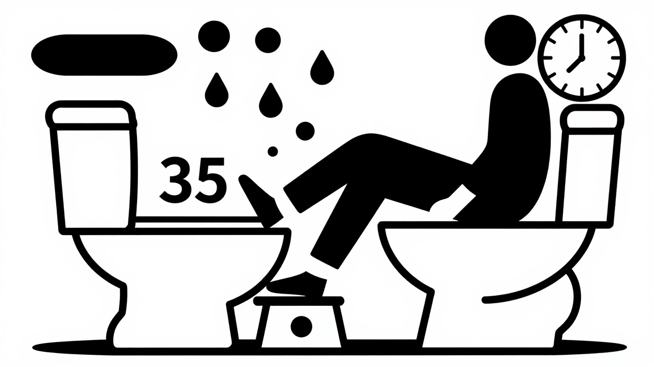 Person on toilet with footstool, surrounded by symbols of fiber and water for bowel training.