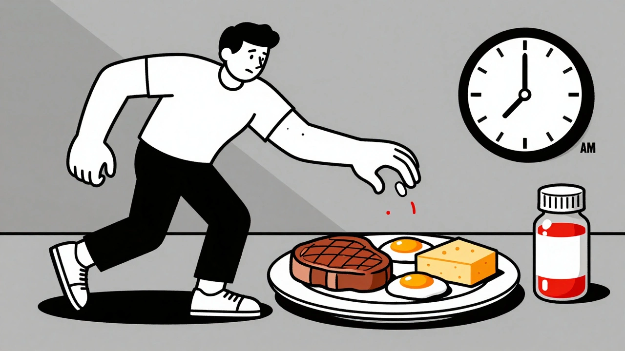 Person reaching for Parkinson’s medication before a high-protein meal, with time clock and stiffness depicted in Bauhaus style.