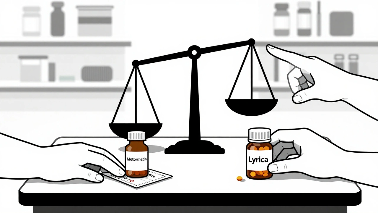 Scale balancing generic vs brand-name medication with voucher and coupon on table