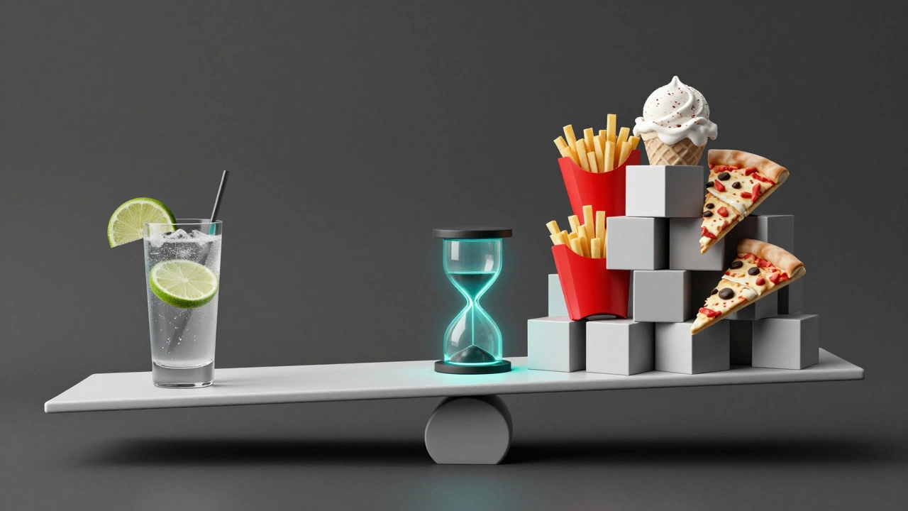 Scale tipping under hidden calories from alcohol, with hourglass symbolizing fat-burning pause in Bauhaus style