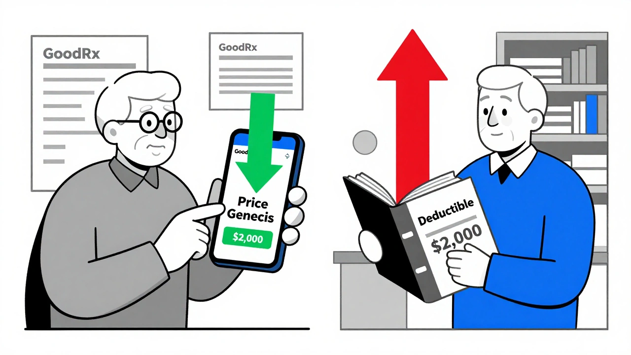 Senior comparing GoodRx cash price with Medicare deductible limit in split geometric scene
