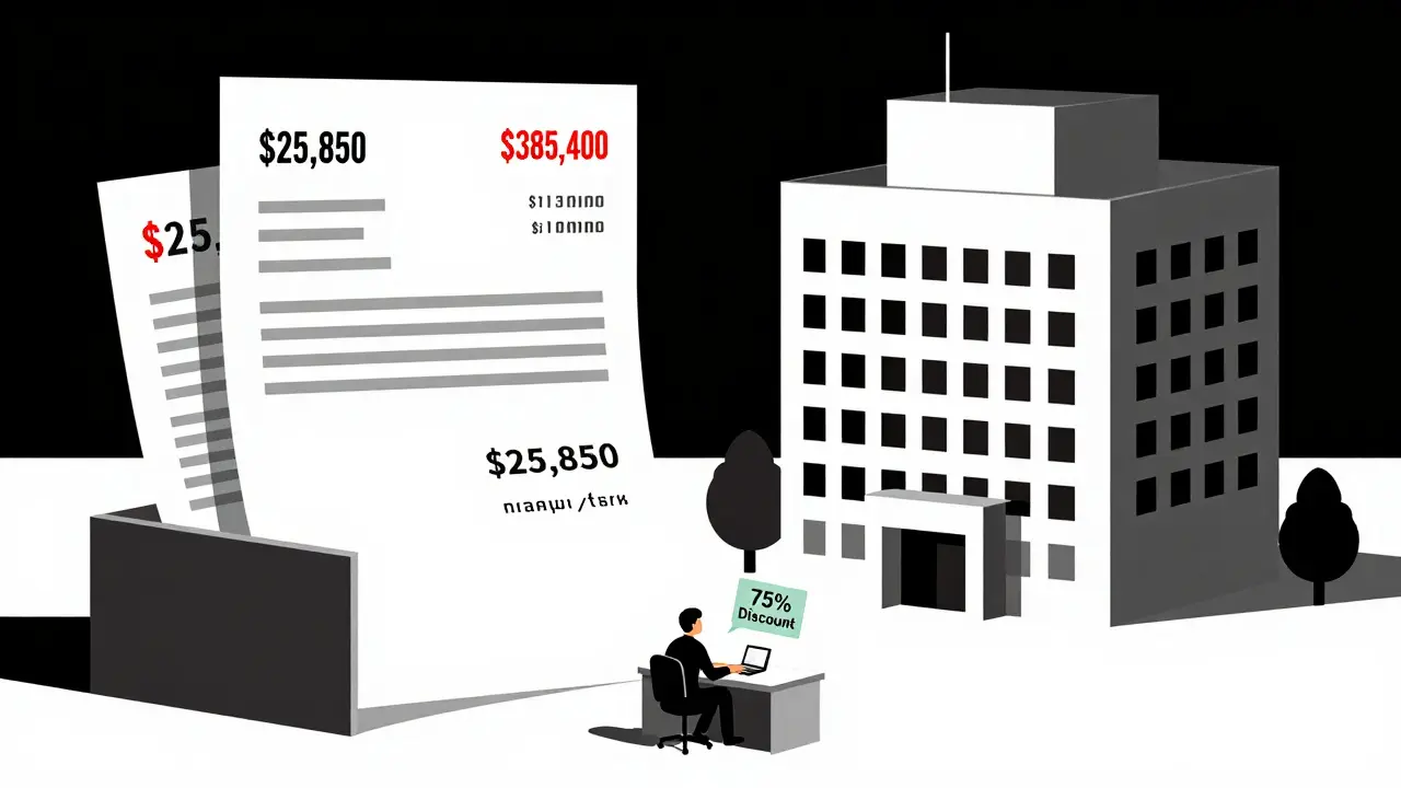 Small company overwhelmed by fee invoices compared to large corporation in Bauhaus illustration