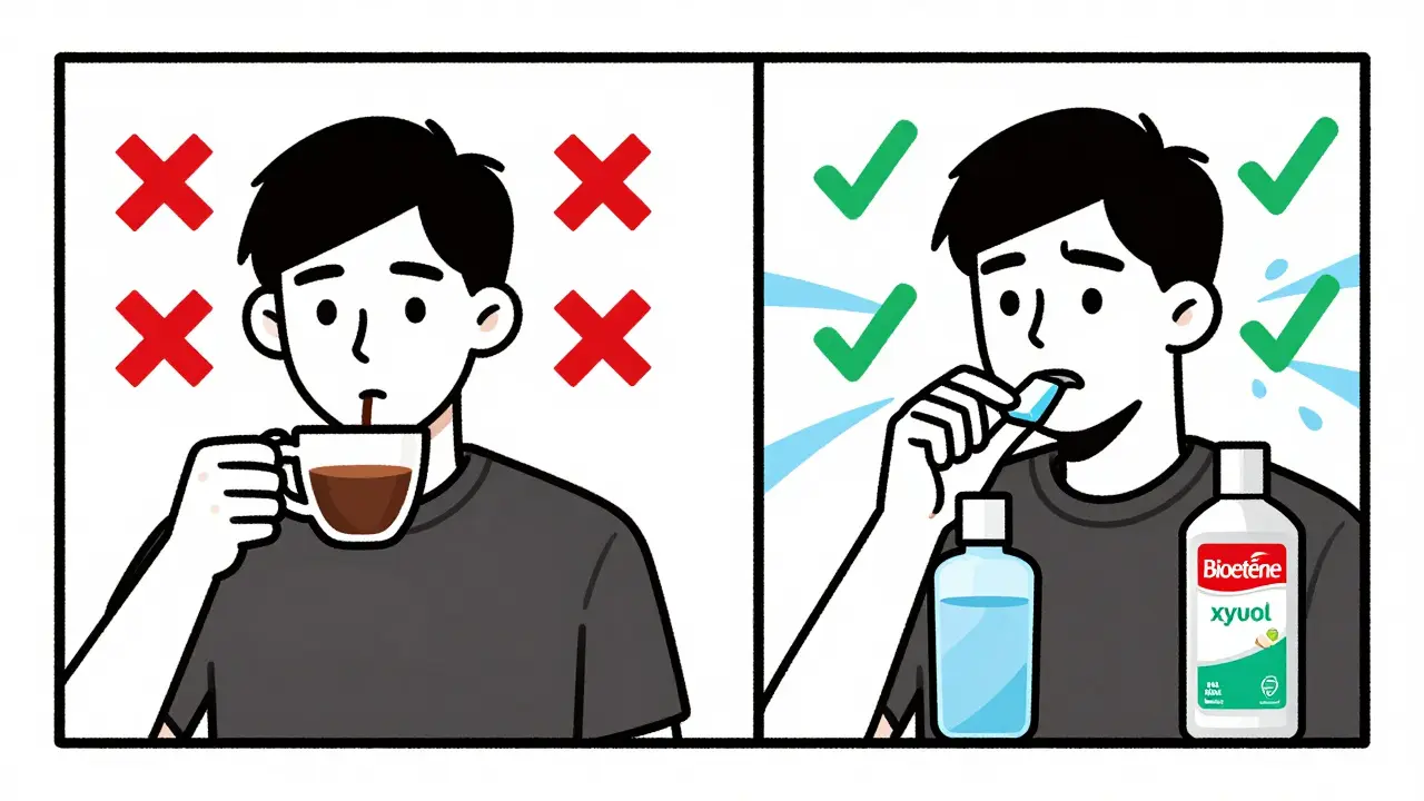 Split-day comparison: harmful habits vs. dry mouth solutions in clean geometric Bauhaus layout.