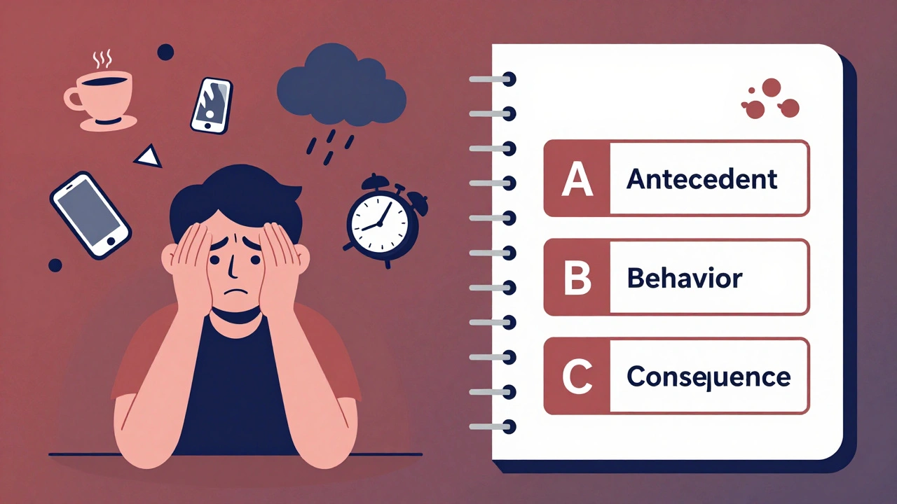 Split illustration contrasting chaotic stress with structured ABC journaling using clean Bauhaus shapes.