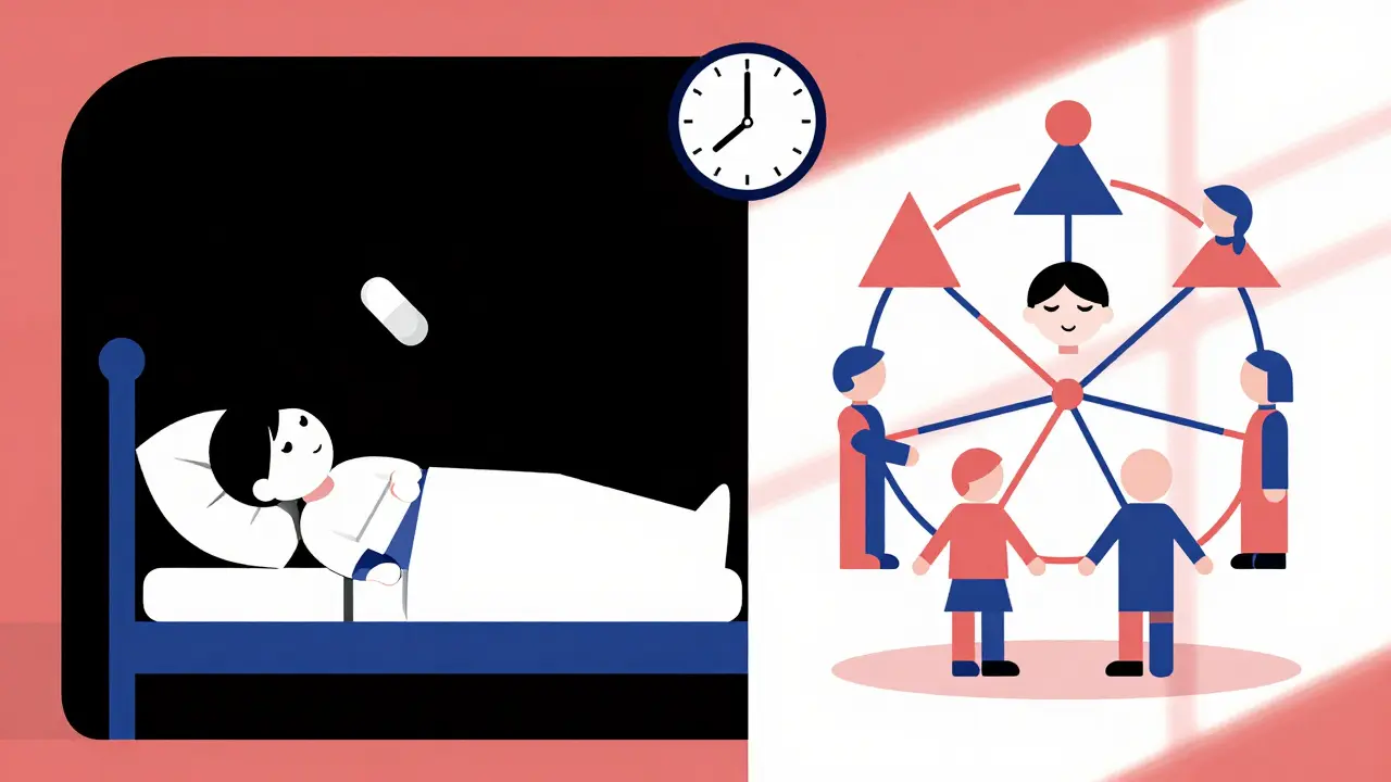 Split image of a teen under depression versus recovering, with geometric family support and a timeline of progress.