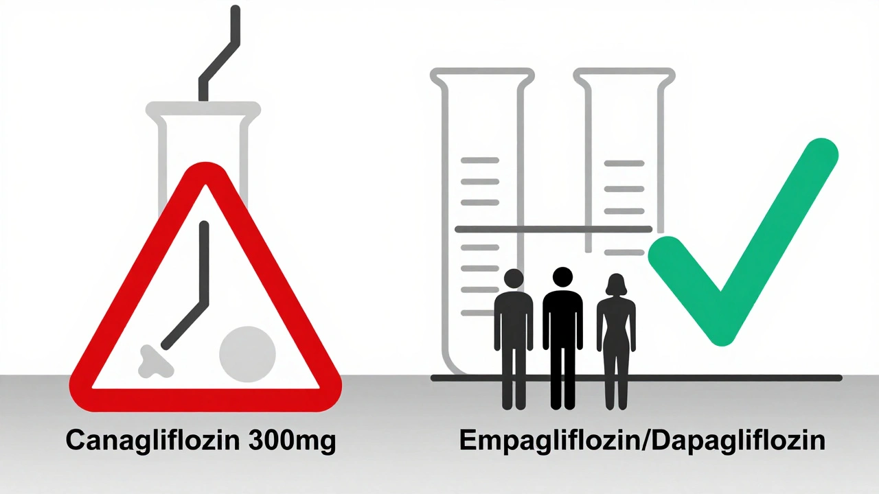 Split lab scene comparing canagliflozin&#039;s bone loss to neutral effects of other SGLT2 drugs in geometric style.