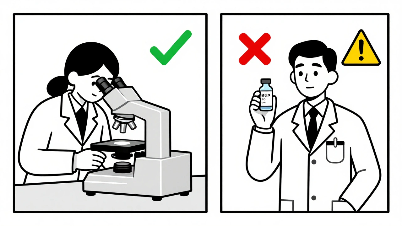 Split scene: pharmacist testing medication safely vs. guessing BUD incorrectly with warning signs.