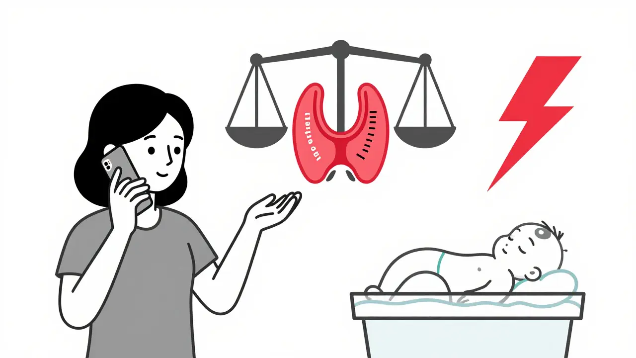 Woman talking to MotherToBaby with abstract symbols of medication risks and untreated illness on a balanced scale.