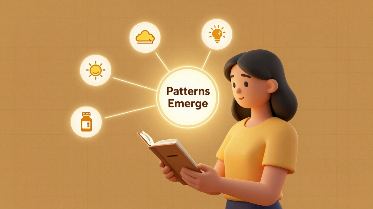 Woman with journal connected by golden lines to health icons, showing emerging patterns from tracked data.