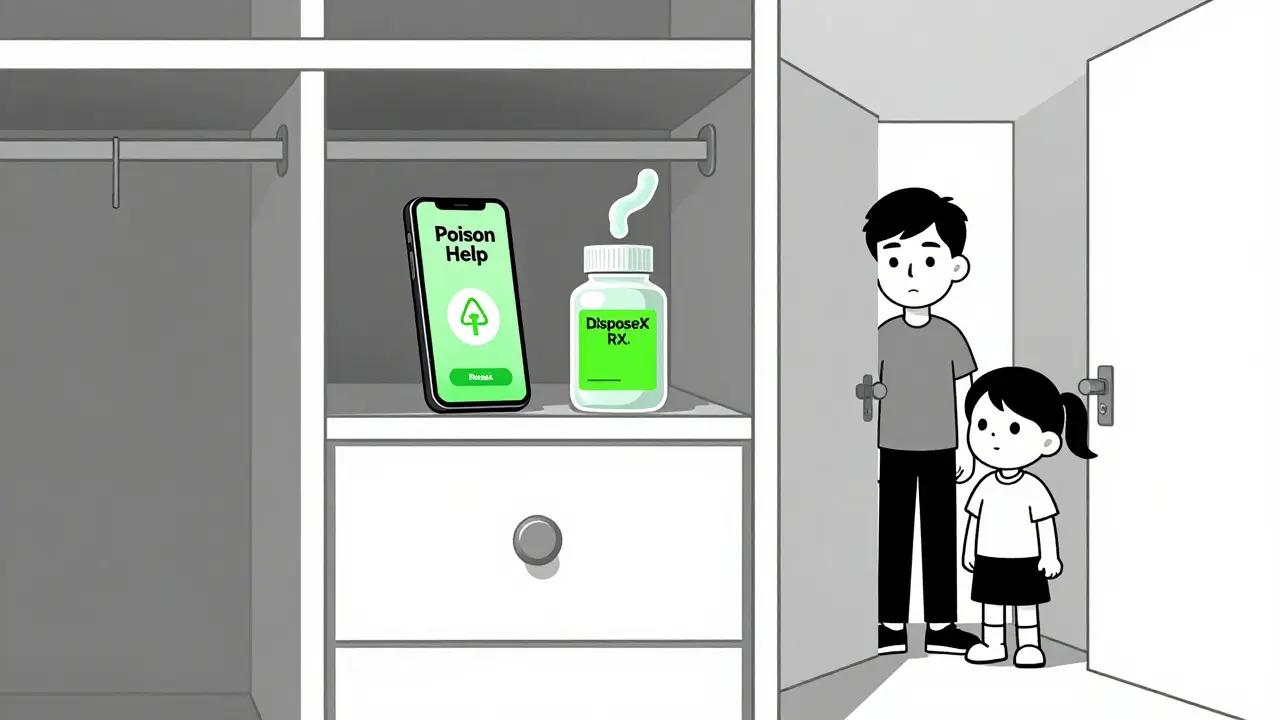 A locked drawer with DisposeRX powder turning pills to gel, smartphone showing Poison Help, teen and child observe respectfully.