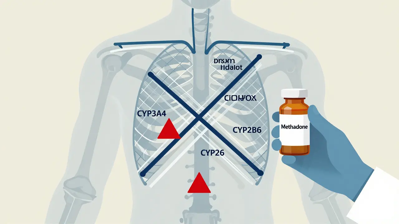 A prescription bottle with transparent enzyme pathways blocked by warning triangles.