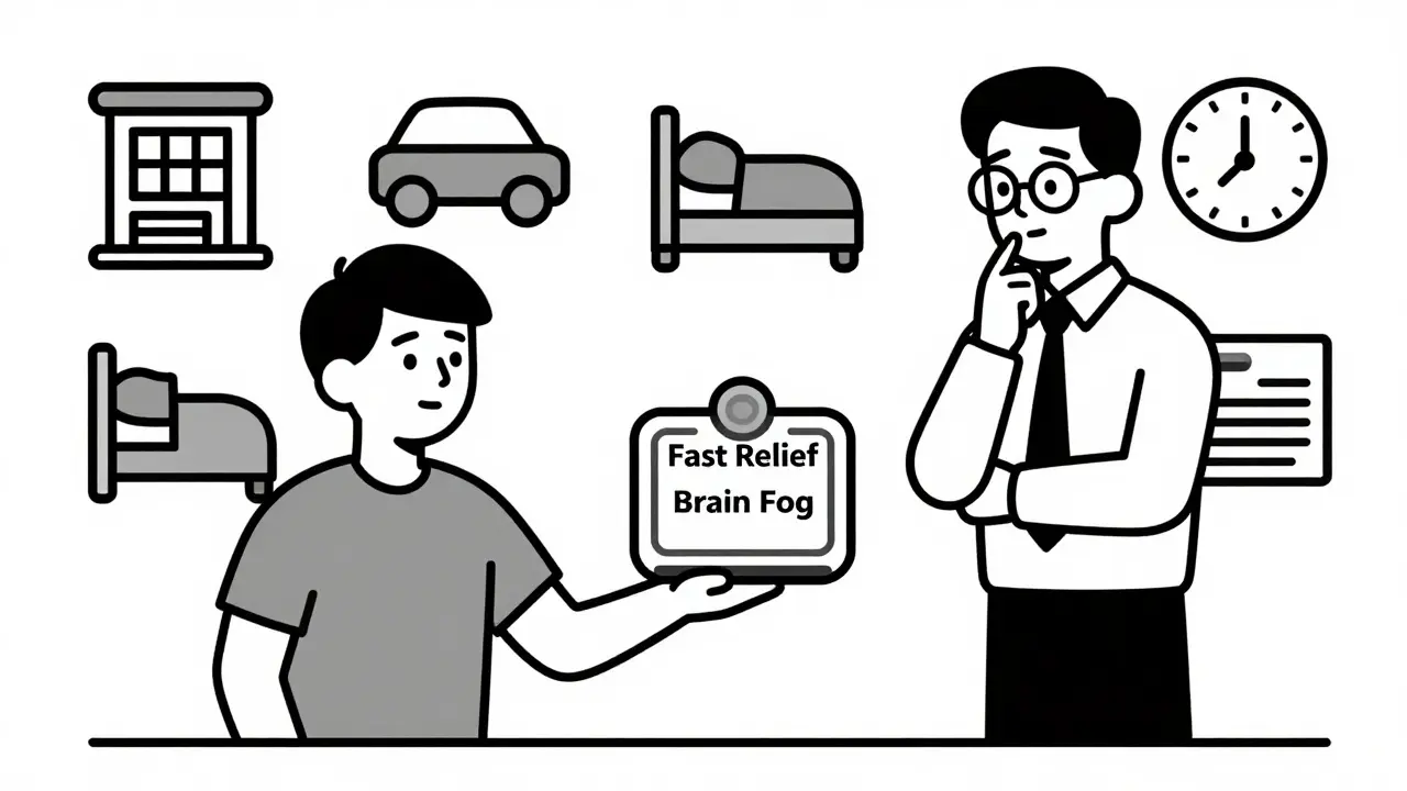 A teacher weighing treatment benefits against brain fog using a geometric scale in a stylized setting.