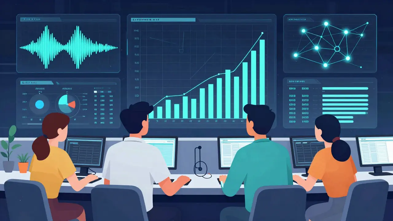 Analysts monitor real-time safety dashboards with abstract data visualizations in minimalist style.