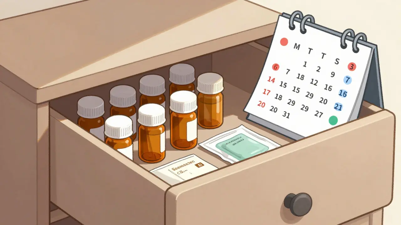 Bedroom drawer with organized amber bottles and expiration stickers in Bauhaus design.