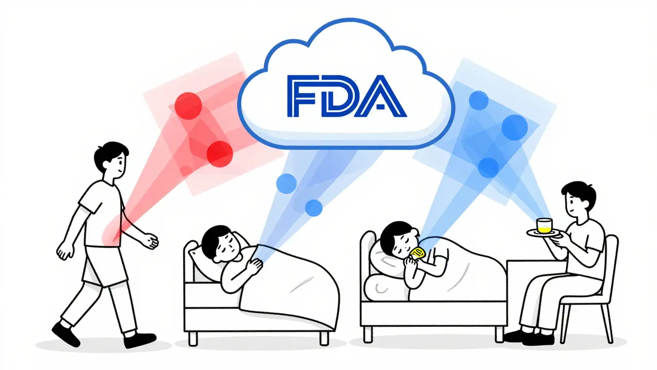 Daily life scenes overlaid with symptom data flowing into a regulatory cloud.