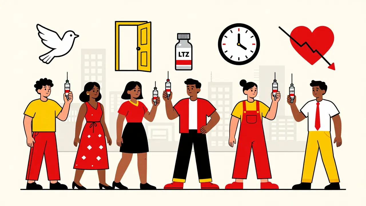 Diverse group holding HIV prevention injections with icons of freedom: bird, door, stopped clock, and zero viral load.