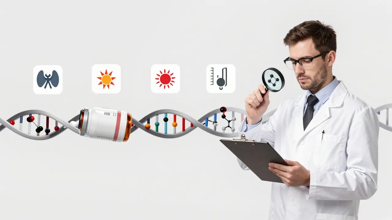 DNA strand turning into pill with pharmacist analyzing personalized medication data