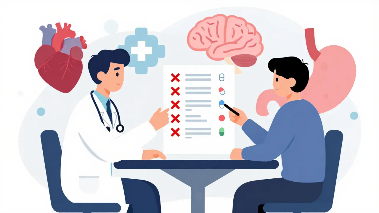Doctor and patient reviewing a checklist of medications with red Xs over unnecessary pills.