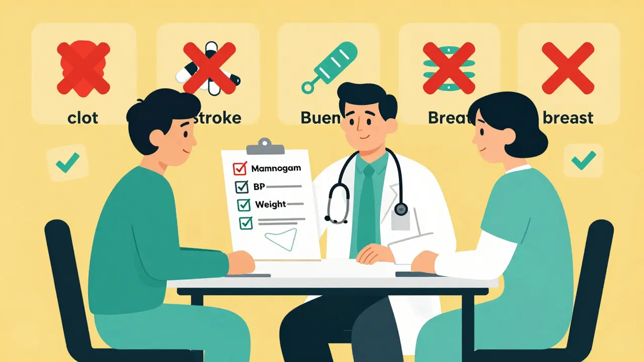 Doctor and patient reviewing HRT monitoring checklist with icons