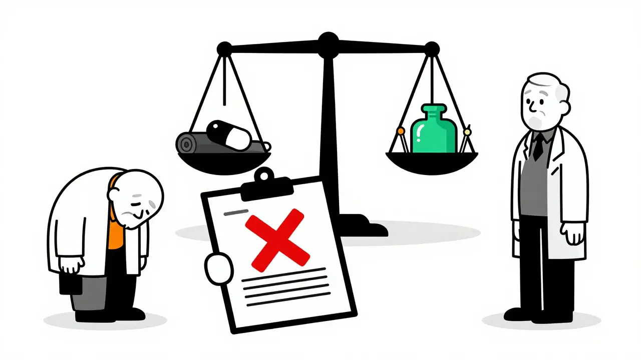 Doctor crossing out an opioid prescription while non-drug therapies balance on a scale.