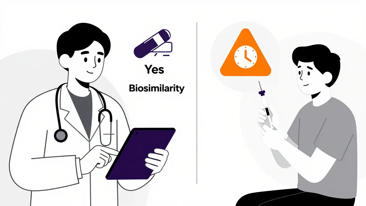 Doctor reviewing biosimilar safety data on tablet while patient receives injection, with MedWatch alert floating above.