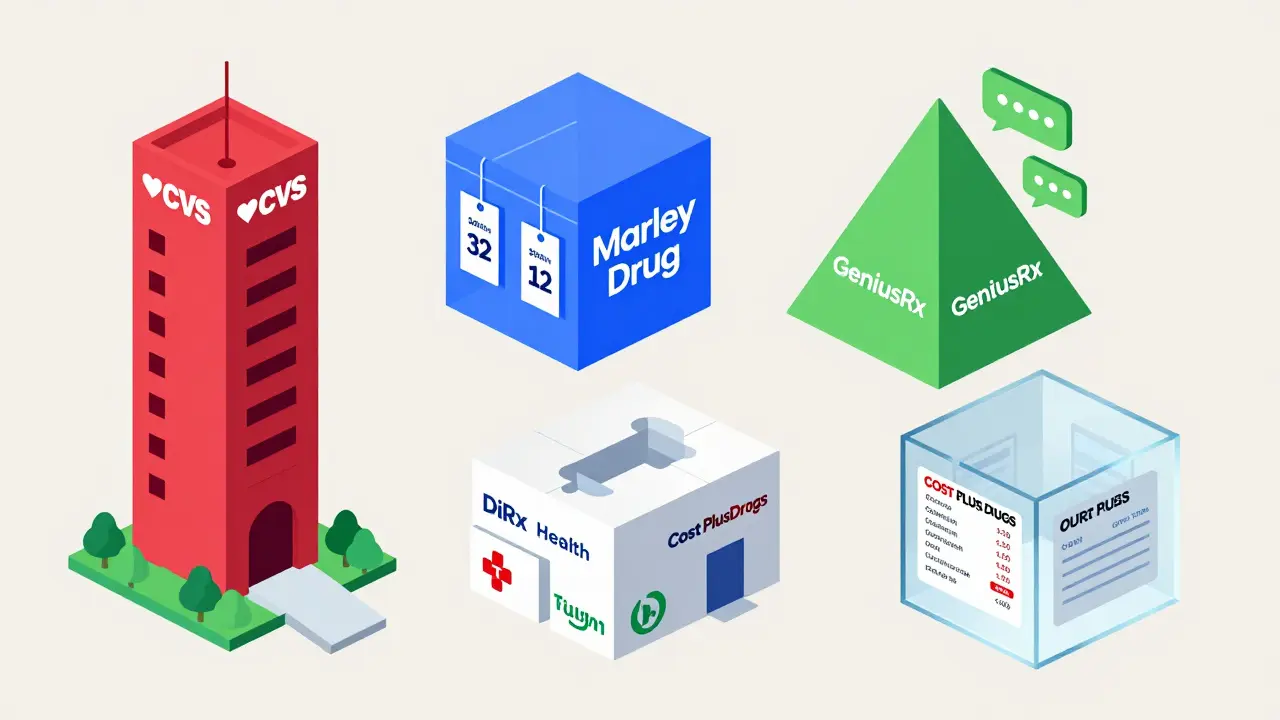 Five online pharmacy platforms represented as abstract geometric buildings