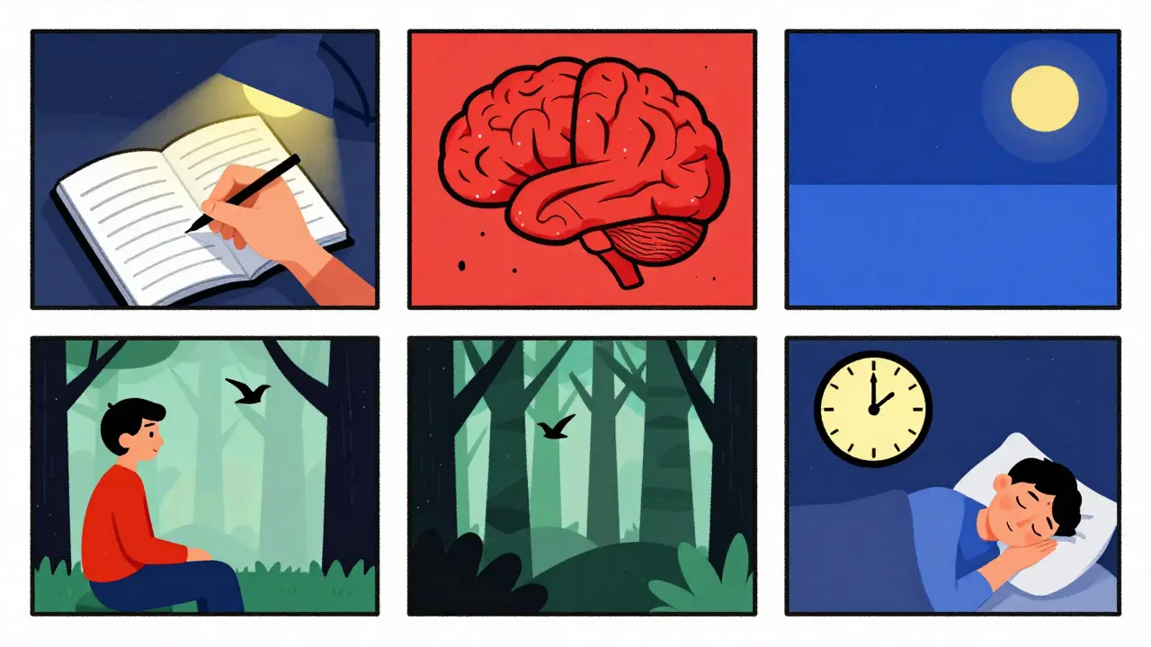 Four-panel Bauhaus illustration showing the steps of Imagery Rehearsal Therapy for nightmares.