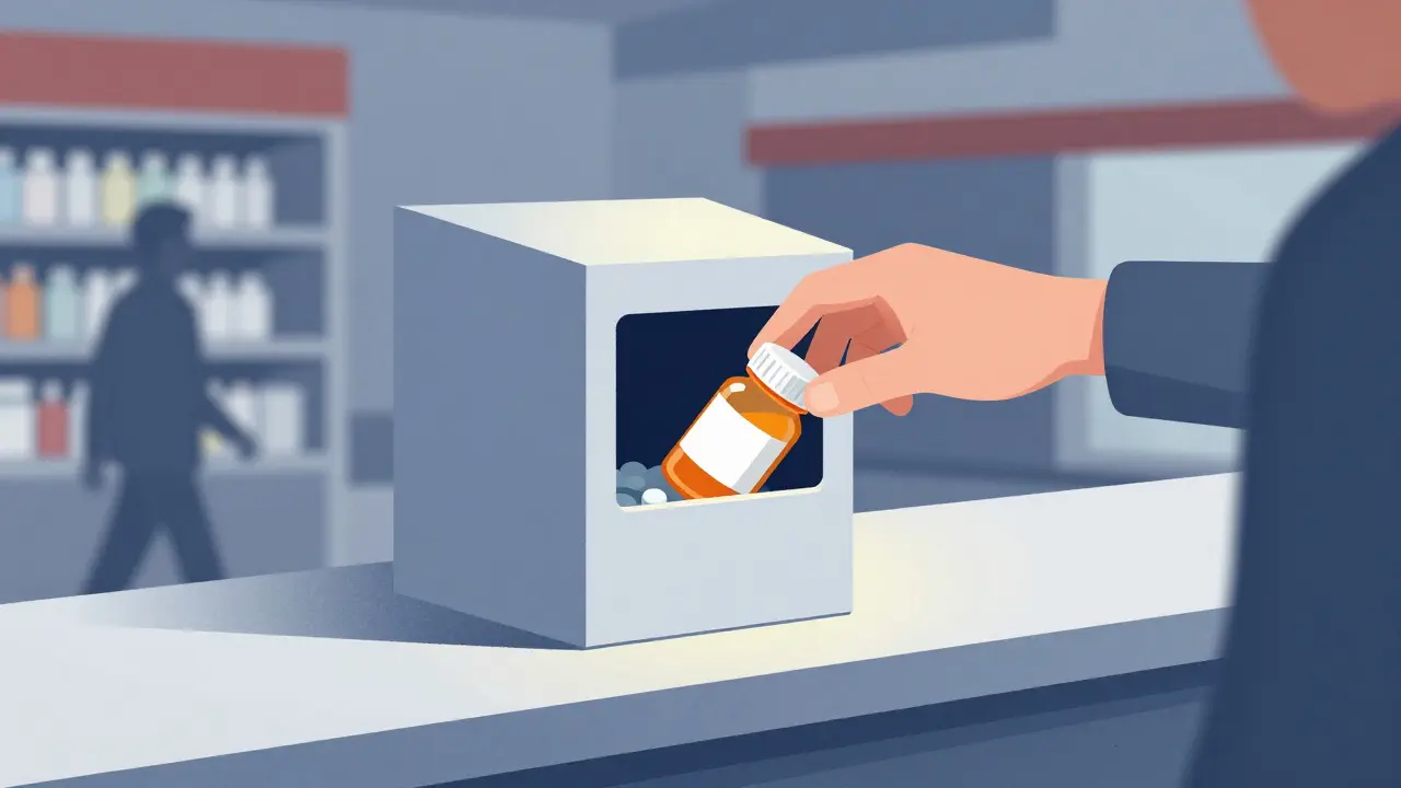 Hand dropping prescription bottle into secure pharmacy take-back drop box