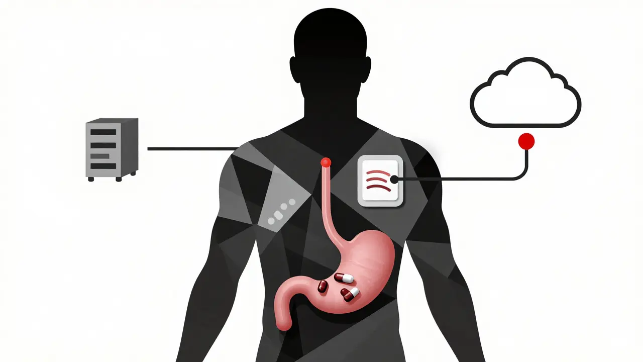 Human silhouette filled with data flow shapes representing digital pill system