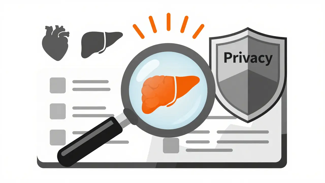 Magnifying glass revealing medical symptoms while privacy shield blocks personal data.