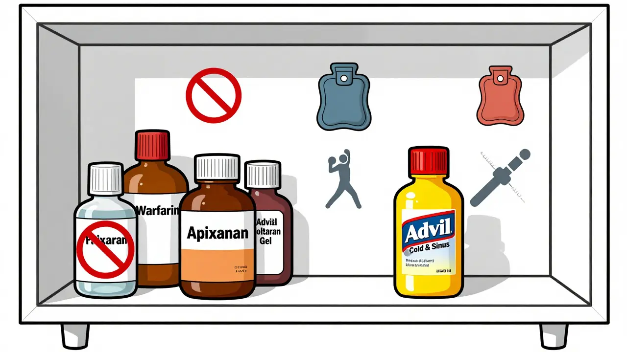 Medicine cabinet with prohibited NSAIDs and one safe Tylenol bottle, surrounded by non-drug pain relief tools.