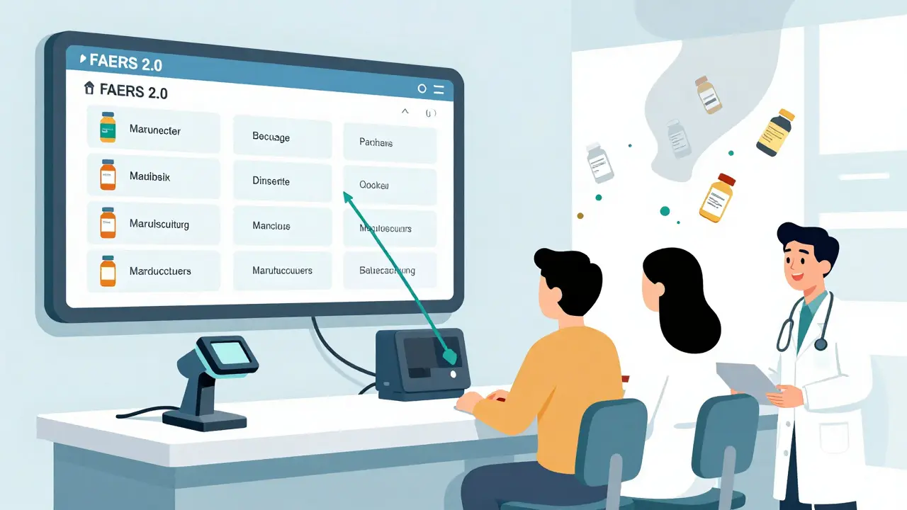 Modern pharmacy with barcode scanners linking pills to manufacturer data on a digital screen, Bauhaus style.