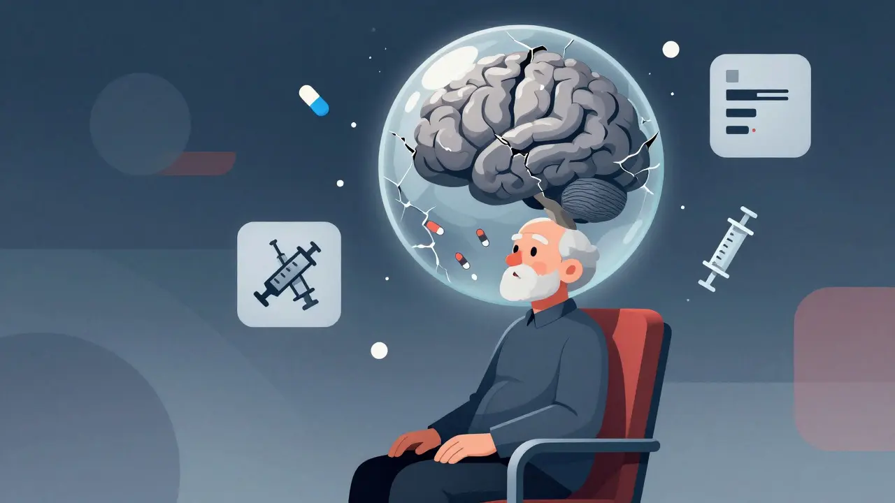 Older adult with a fragmented, foggy brain filled with pill symbols above their head.