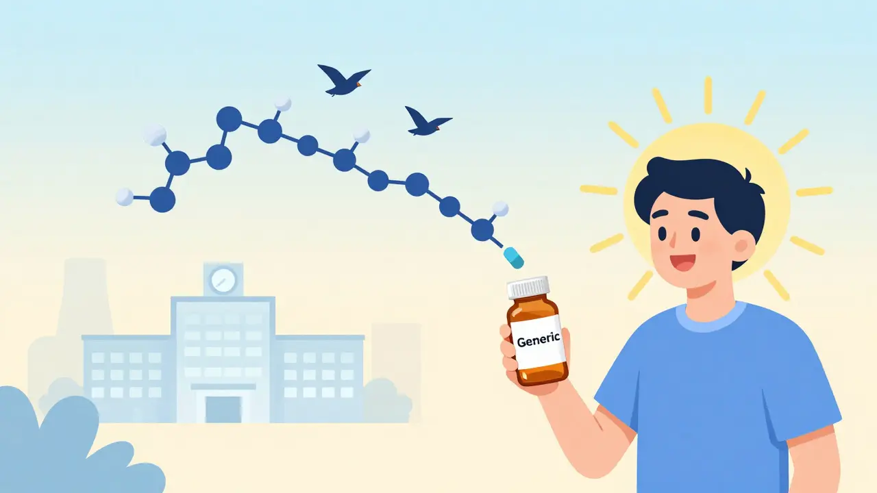 Patient holding generic medicine as abstract drug molecules rise into the sky, symbolizing access through science.