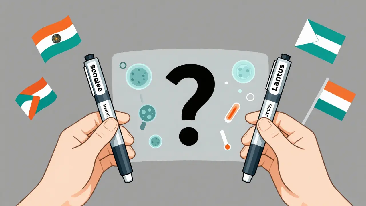 Patient holding two insulin pens with immune system reactions and state symbols