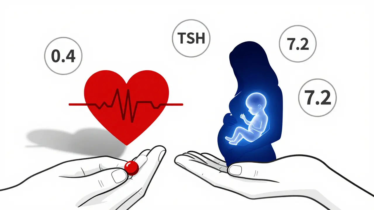 Patient holding two pills with symbolic shadows of heart and pregnancy, floating TSH values around them.