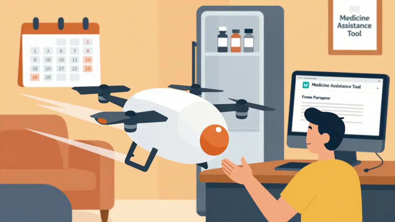 Patient receives medication from a pill-shaped drone, with re-enrollment calendar and tool website visible, in Bauhaus style.