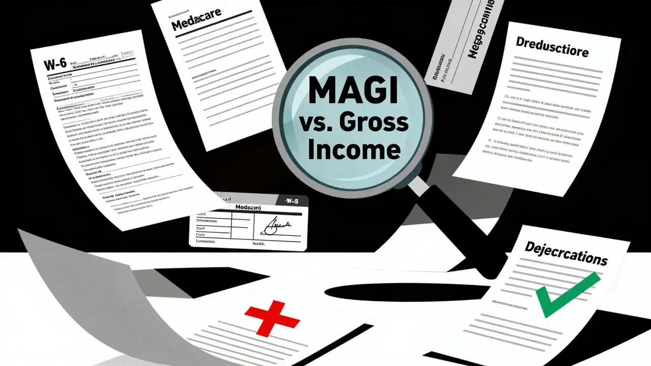 Patient surrounded by floating paperwork and a magnifying glass highlighting income confusion, in Bauhaus style.