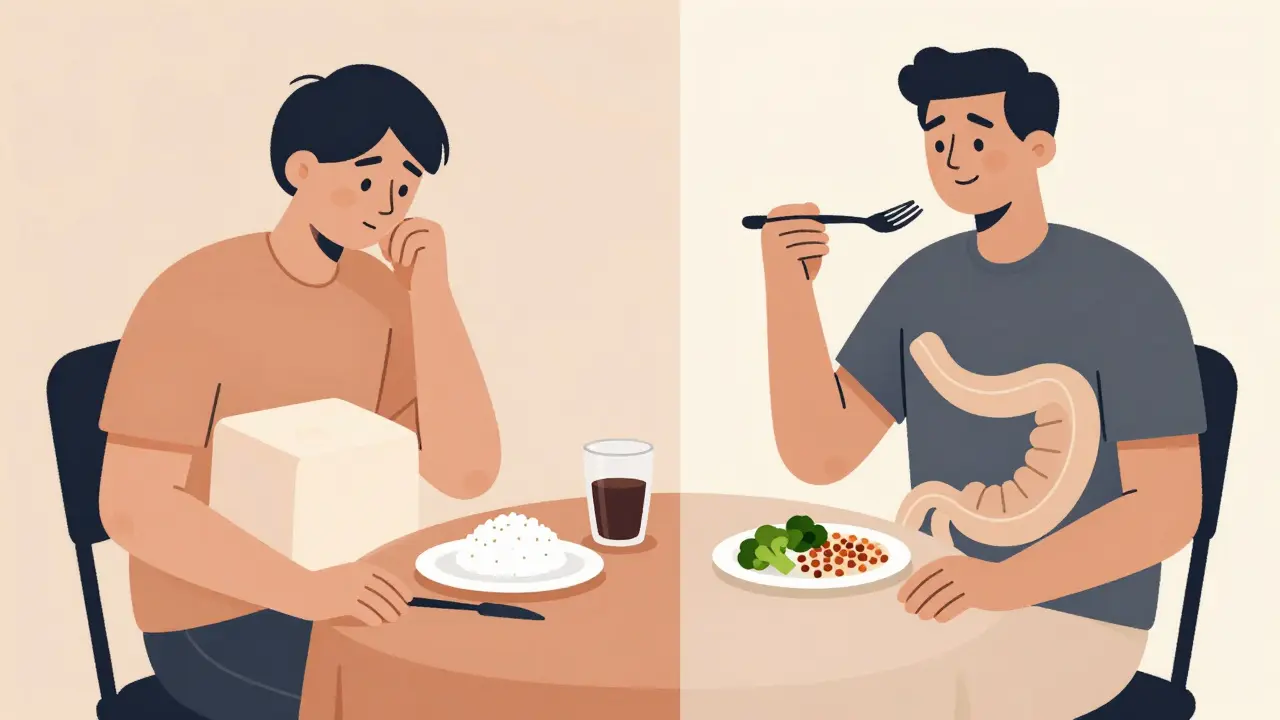Person at dinner with bloated stomach vs. relaxed with healthy meal, Bauhaus style