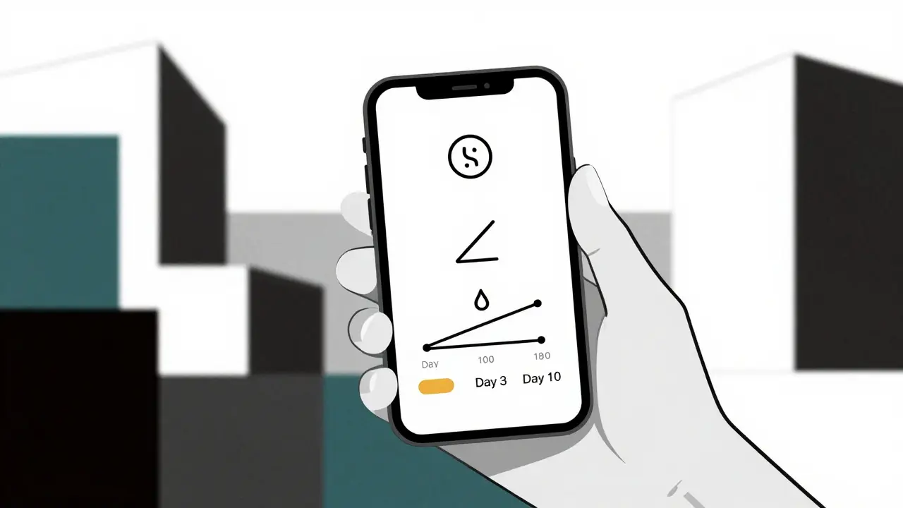 Person tracking medication symptoms using a minimalist app with geometric icons and timeline.
