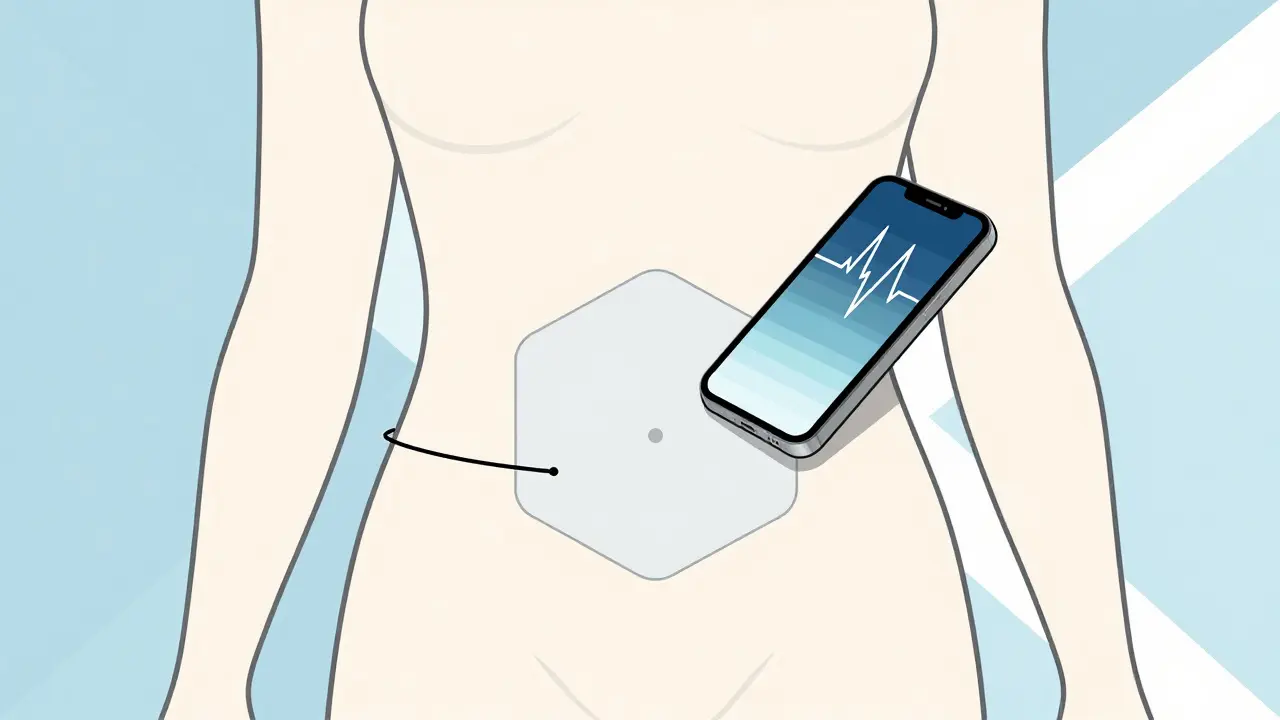 Person with wearable patch connected to smartphone displaying health graphs