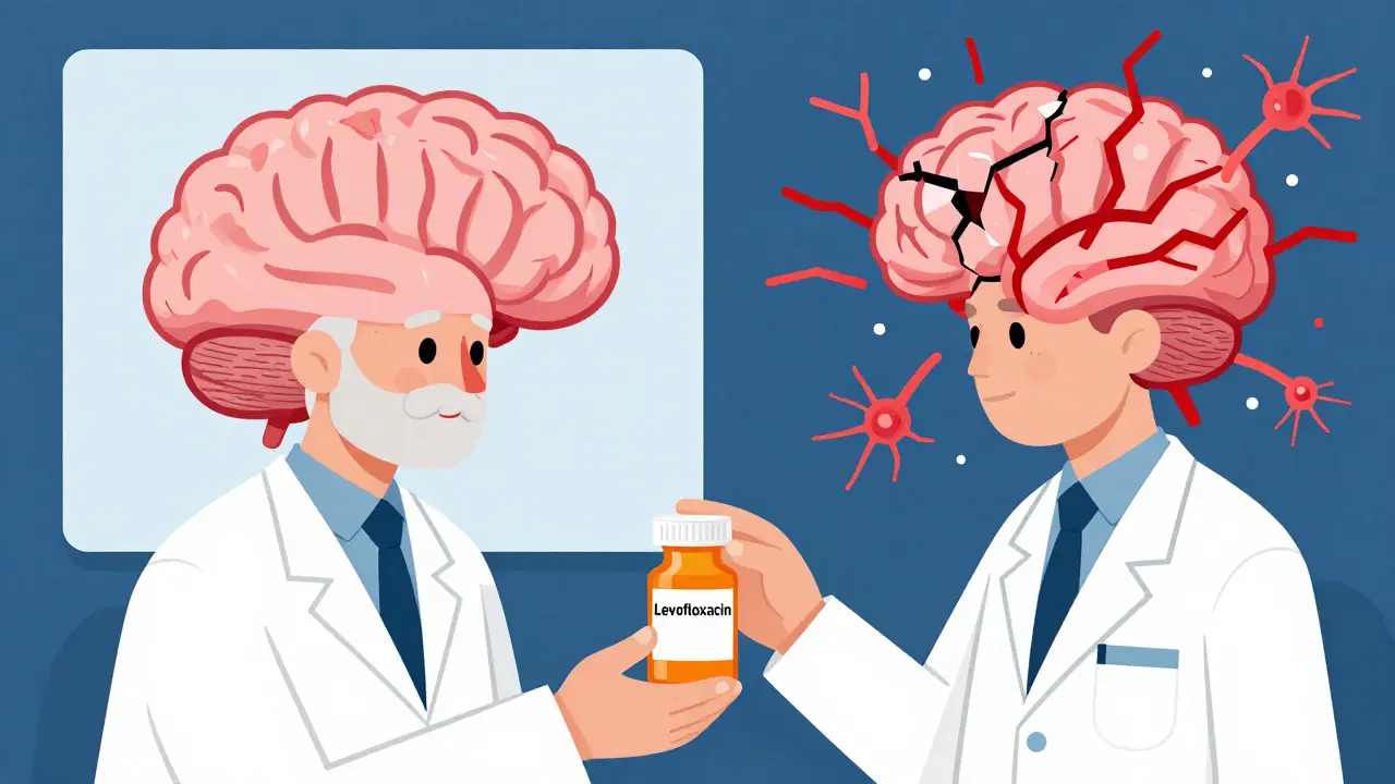 Pharmacist giving antibiotic pill while brain is split into calm and chaotic halves.