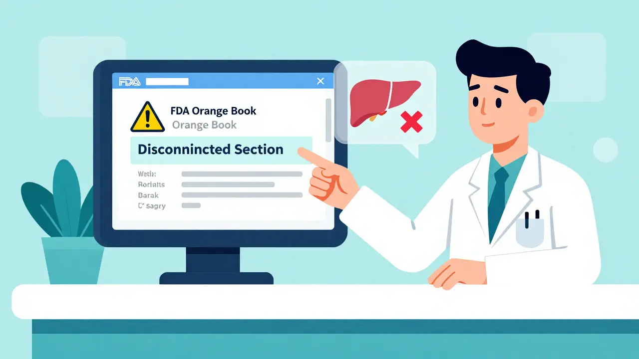 Pharmacist pointing to a withdrawn drug alert on the Orange Book interface with abstract molecular shapes.